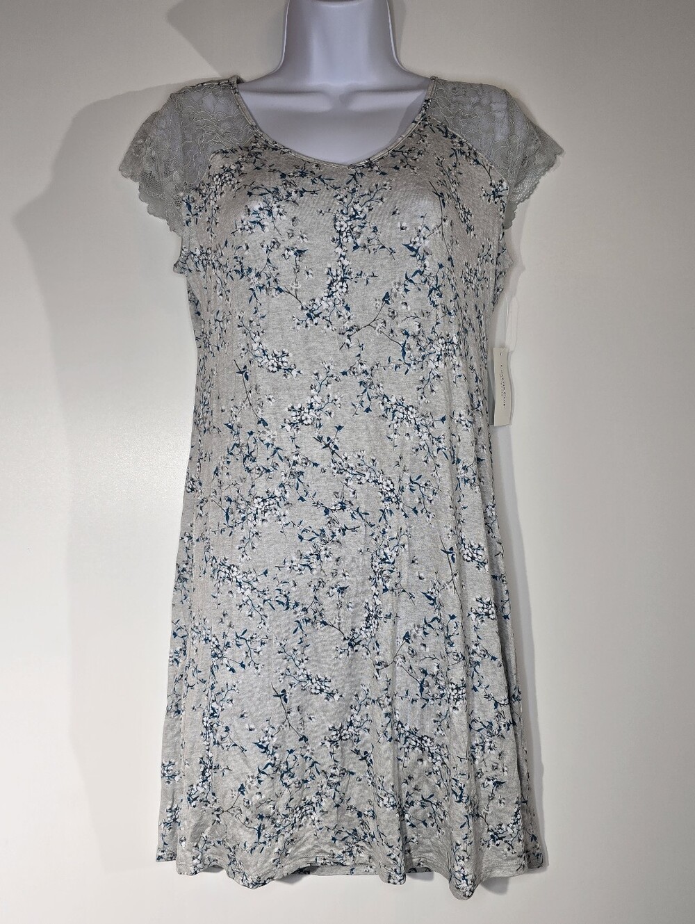 Charter Club Gray Blue Floral Lace Cap Sleeve Chemise Nightgown Sleepwear Small